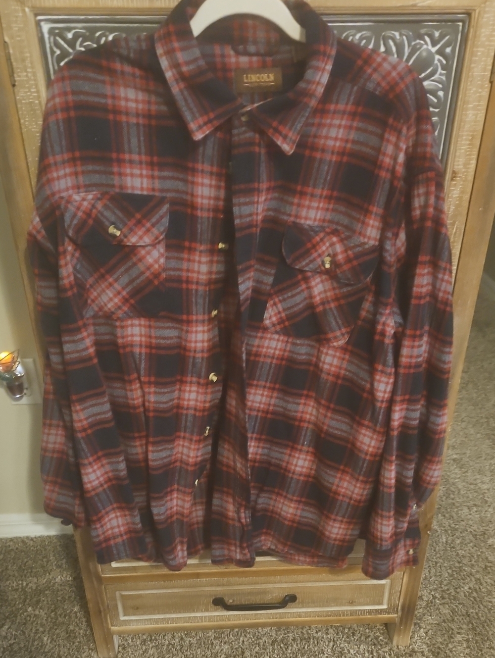 Lincoln Red & Black Plaid Men's Flannel Button-Up Polo Shirt